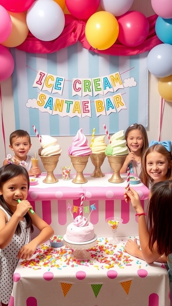 A lively ice cream birthday party scene with children enjoying sundaes at a decorated table.